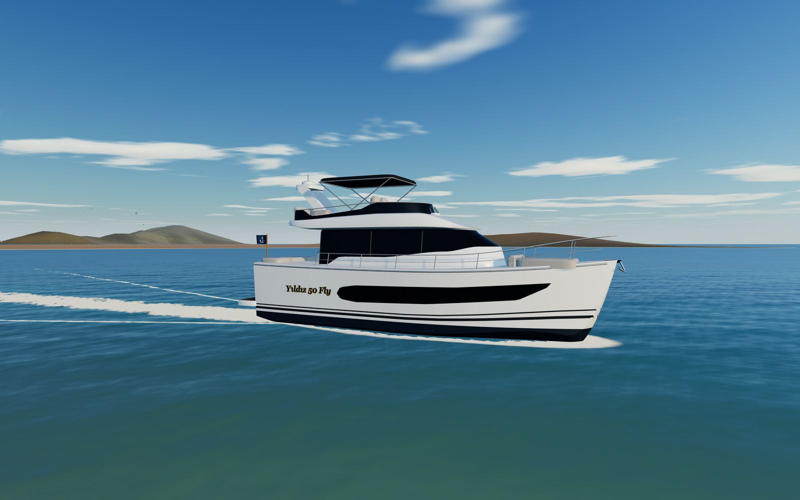 Oyundan bir görüntü: ikindi güneşinde seyreden flybridge motor yat